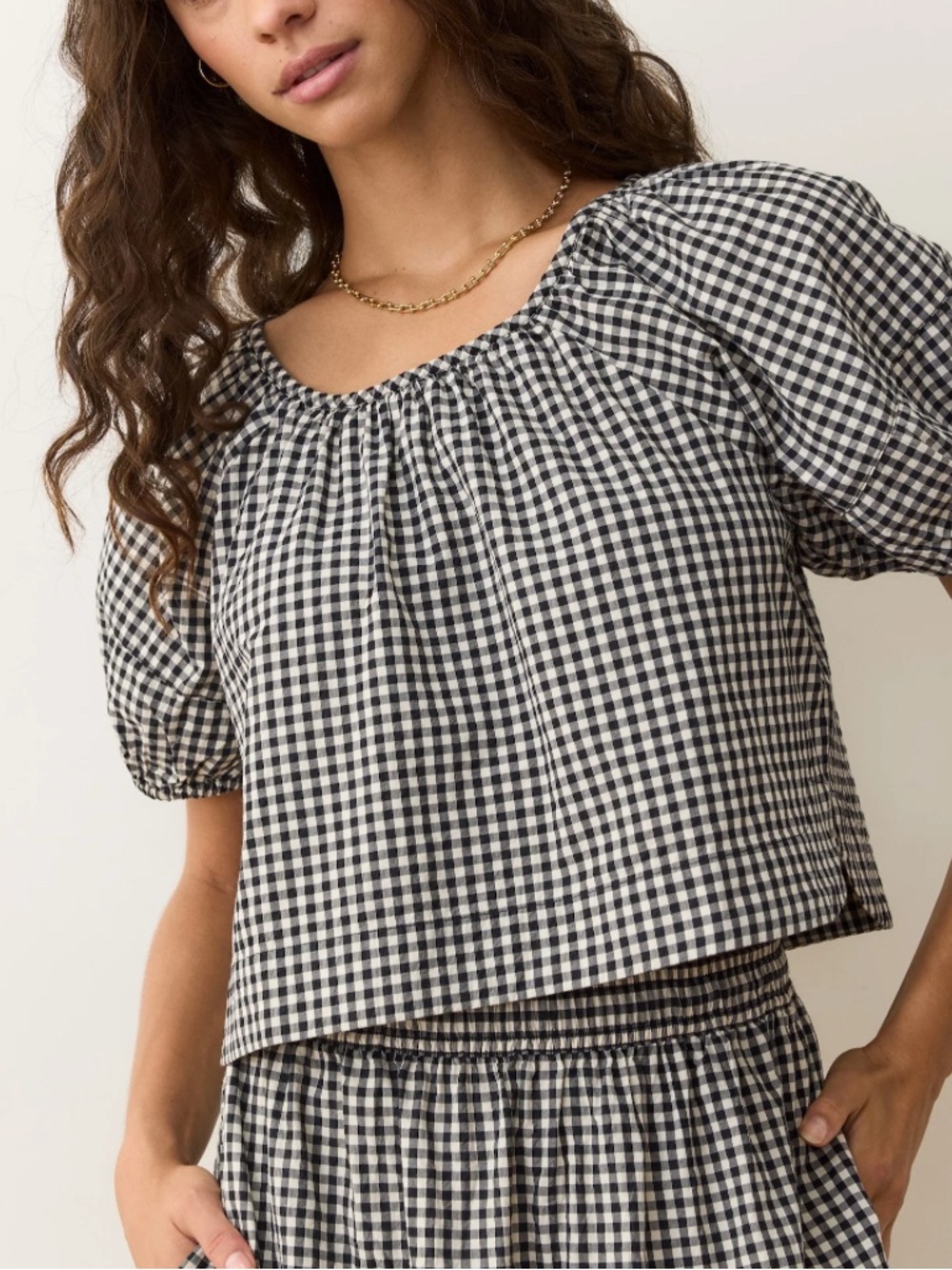 ARDENE - Gingham Puff-Sleeve Crop Top - Black/White - size L